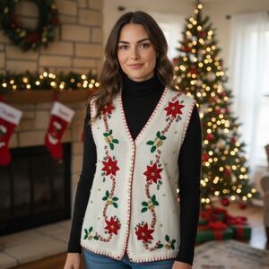 VTG B.P. Design Christmas Sweater Vest Womens S Poinsettia Beaded Grandmacore